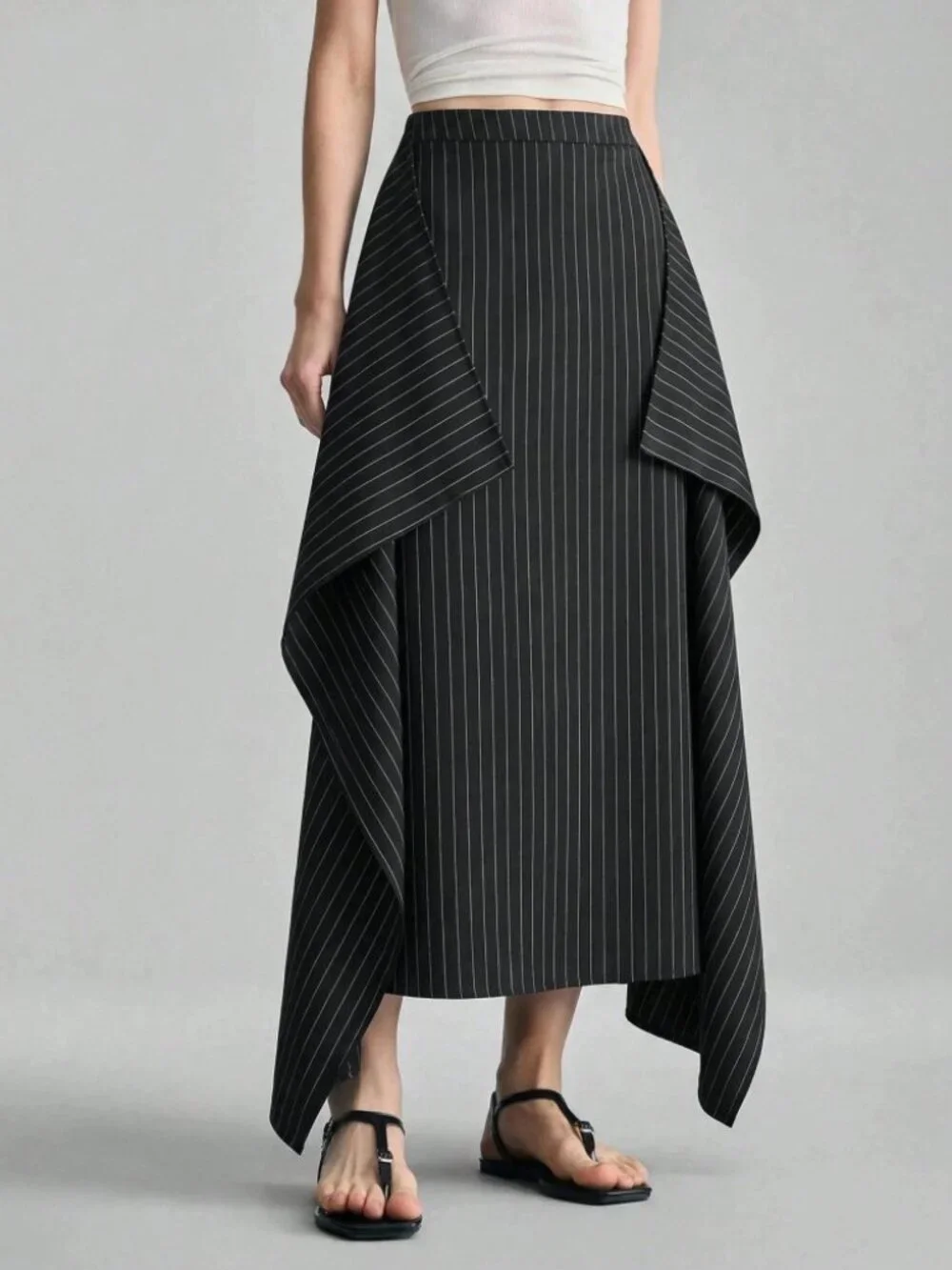 Black Pinstripe Asymmetric High-Slit Maxi Skirt